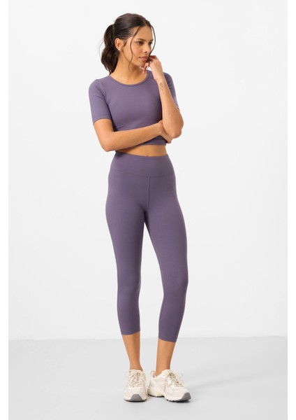 Eflatun Yüksek Bel Kapri-Crop T-Shirt Slim Fit Kadın Tayt Takım - 95285 modelleri