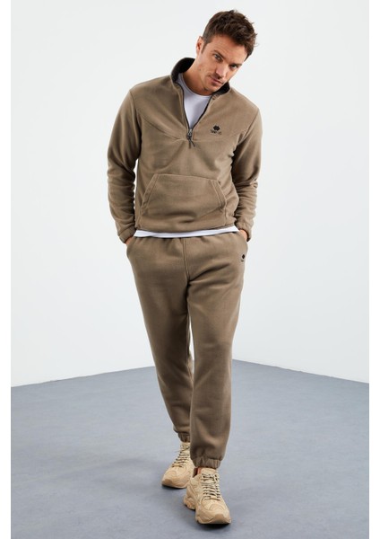 Camel Yarım Fermuar Dik Yaka Lastik Paça Polar Erkek Eşofman Takımı - 85159