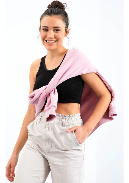 Siyah Basic Sıfır Kol Dar Kalıp U Yaka Kadın Crop Top Atlet - 97162 modelleri