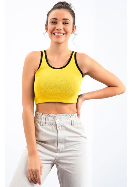 Sarı Basic Sıfır Kol Dar Kalıp U Yaka Kadın Crop Top Atlet - 97162 indirimleri