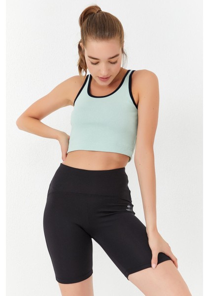 Su Yeşili Basic Sıfır Kol Dar Kalıp U Yaka Kadın Crop Top Atlet - 97162