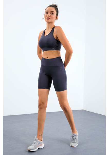 Antrasit Yüksek Bel Toparlayıcı Slim Fit Büstiyer Biker Kadın Tayt Takım - 95303