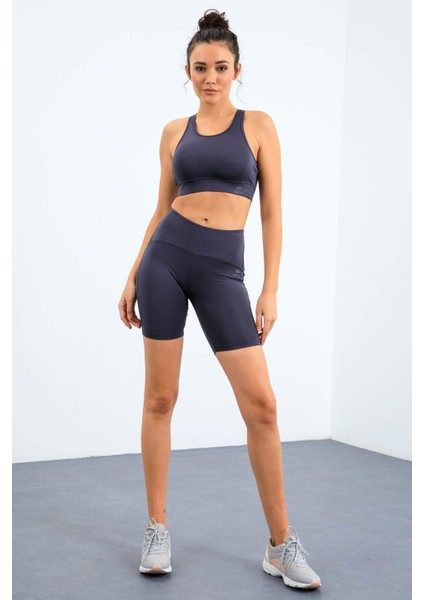 Antrasit Yüksek Bel Toparlayıcı Slim Fit Büstiyer Biker Kadın Tayt Takım - 95303