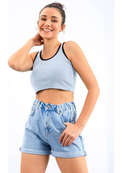 Gök Mavi Basic Sıfır Kol Dar Kalıp U Yaka Kadın Crop Top Atlet - 97162