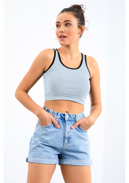 Gök Mavi Basic Sıfır Kol Dar Kalıp U Yaka Kadın Crop Top Atlet - 97162