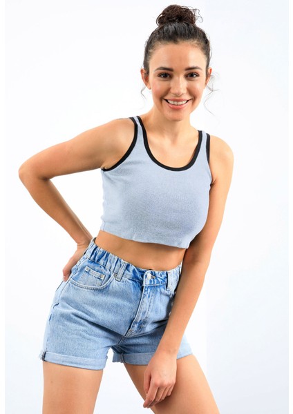Gök Mavi Basic Sıfır Kol Dar Kalıp U Yaka Kadın Crop Top Atlet - 97162
