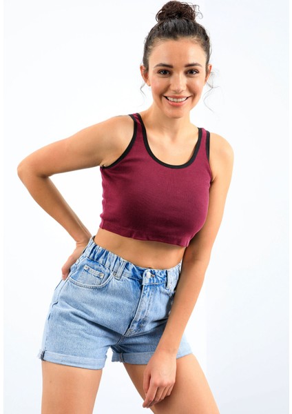 Bordo Basic Sıfır Kol Dar Kalıp U Yaka Kadın Crop Top Atlet - 97162