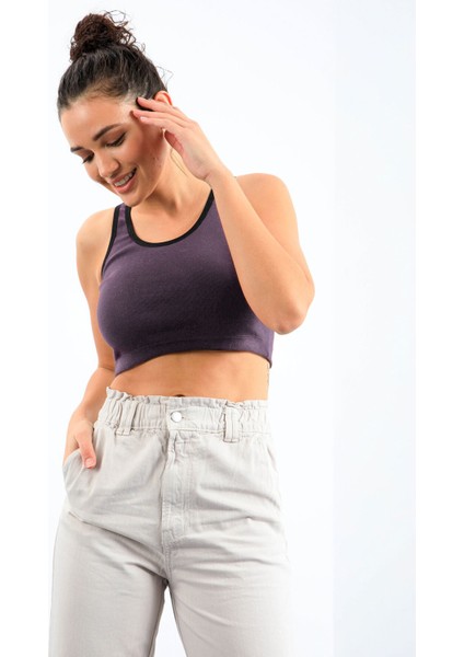 Açık Mor Basic Sıfır Kol Dar Kalıp U Yaka Kadın Crop Top Atlet - 97162 fiyatları