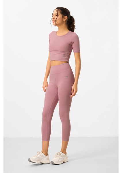 Gül Kurusu Yüksek Bel Kapri-Crop T-Shirt Slim Fit Kadın Tayt Takım - 95285 modelleri