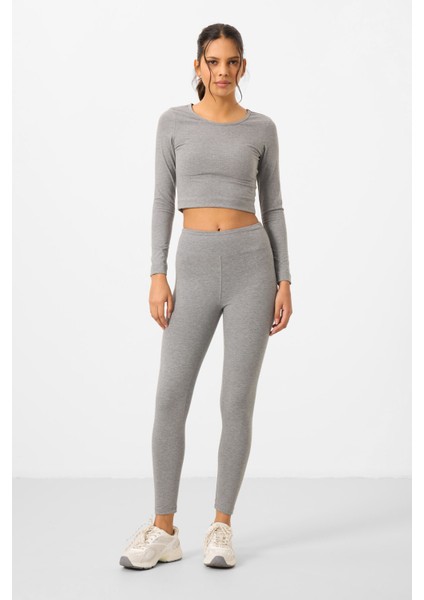 Gri Melanj Yüksek Bel Uzun Kollu Slim Fit Crop Top Kadın Tayt Takım - 95286