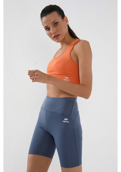 Petrol Yüksek Bel Toparlayıcı Kısa Biker Kadın Tayt - 91007