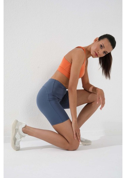 Petrol Yüksek Bel Toparlayıcı Kısa Biker Kadın Tayt - 91007 fırsatları