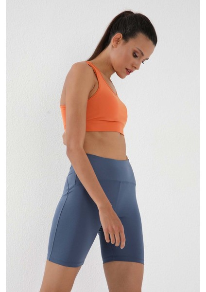 Petrol Yüksek Bel Toparlayıcı Kısa Biker Kadın Tayt - 91007 indirimleri