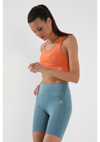 Mint Yeşili Yüksek Bel Toparlayıcı Kısa Biker Kadın Tayt - 91007 modelleri