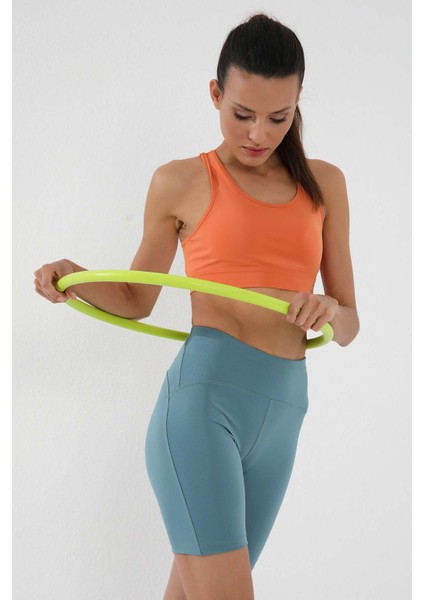 Mint Yeşili Yüksek Bel Toparlayıcı Kısa Biker Kadın Tayt - 91007 fırsatları