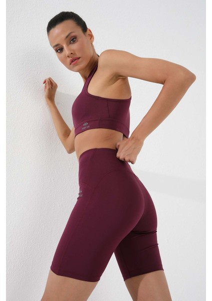 Bordo Yüksek Bel Toparlayıcı Kısa Biker Kadın Tayt - 91007