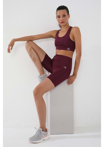 Bordo Yüksek Bel Toparlayıcı Kısa Biker Kadın Tayt - 91007 fiyatları