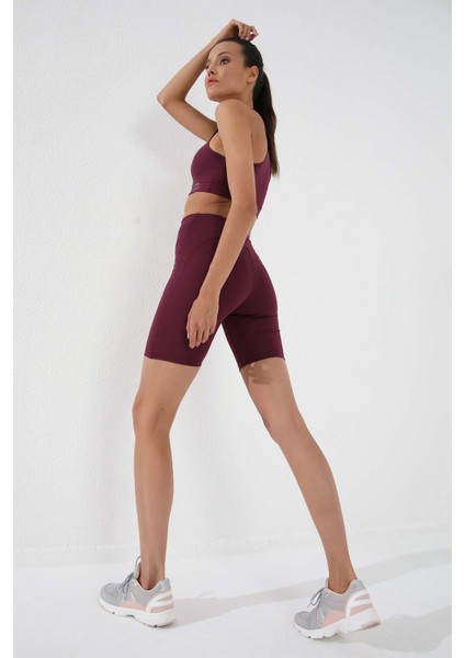 Bordo Yüksek Bel Toparlayıcı Kısa Biker Kadın Tayt - 91007 indirimleri