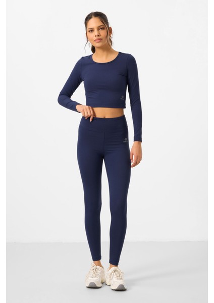 İndigo Yüksek Bel Uzun Kollu Slim Fit Crop Top Kadın Tayt Takım - 95286 modelleri