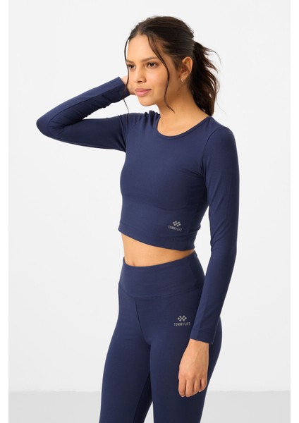 İndigo Yüksek Bel Uzun Kollu Slim Fit Crop Top Kadın Tayt Takım - 95286 indirimleri