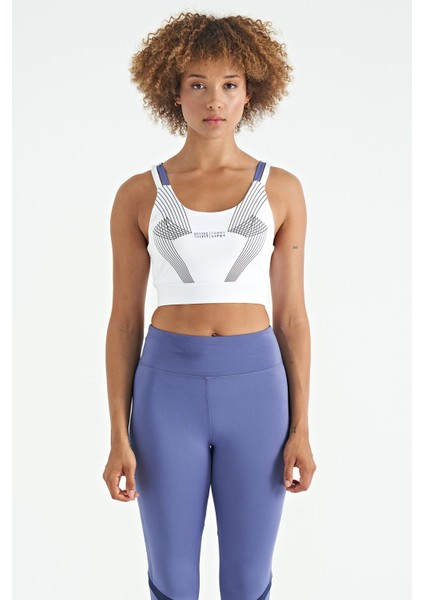 Beyaz Baskılı Sırt Çapraz Detaylı Dalgıç Kumaş Dar Kalıp Kadın Büstiyer - 97273