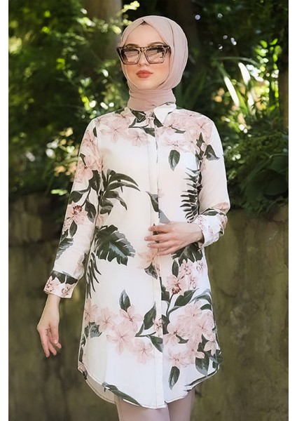 Çiçek Desenli Ekru Tesettür Tunik 10520E