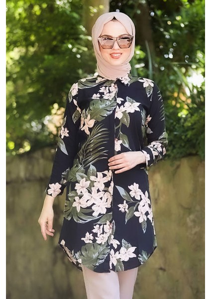 - Çiçek Desenli Siyah Tesettür Tunik 10520S