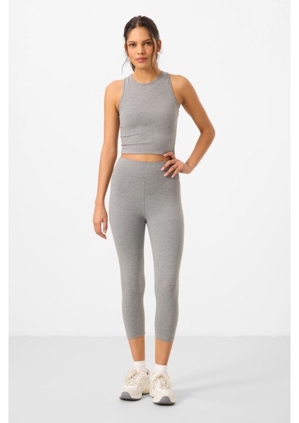 Gri Melanj Yüksek Bel Kapri-Crop Atlet Slim Fit Kadın Tayt Takım - 95284