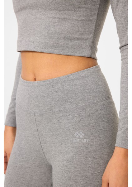 Gri Melanj Yüksek Bel Uzun Kollu Slim Fit Crop Top Kadın Tayt Takım - 95286 fırsatları