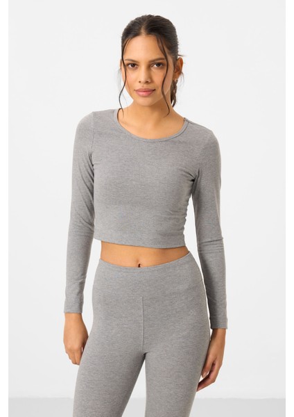 Gri Melanj Yüksek Bel Uzun Kollu Slim Fit Crop Top Kadın Tayt Takım - 95286 indirimleri