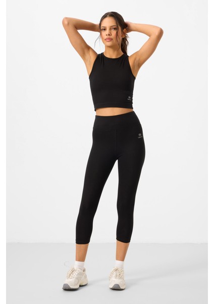 Siyah Yüksek Bel Kapri-Crop Atlet Slim Fit Kadın Tayt Takım - 95284
