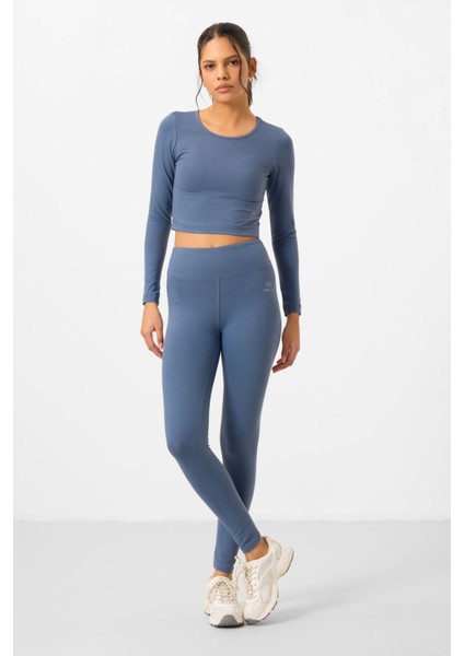 Petrol Yüksek Bel Uzun Kollu Slim Fit Crop Top Kadın Tayt Takım - 95286