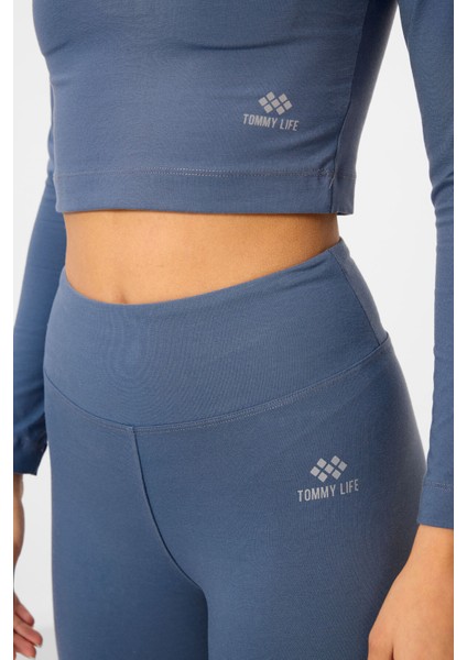 Petrol Yüksek Bel Uzun Kollu Slim Fit Crop Top Kadın Tayt Takım - 95286 fiyatları
