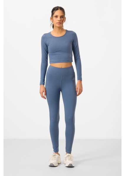 Petrol Yüksek Bel Uzun Kollu Slim Fit Crop Top Kadın Tayt Takım - 95286 modelleri