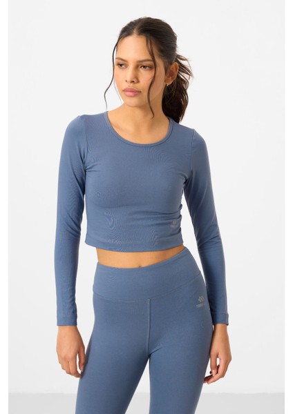 Petrol Yüksek Bel Uzun Kollu Slim Fit Crop Top Kadın Tayt Takım - 95286 indirimleri