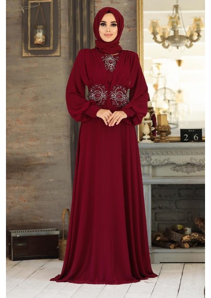 Neva Style - Dantelli Bordo Tesettür Abiye Elbise 9118BR