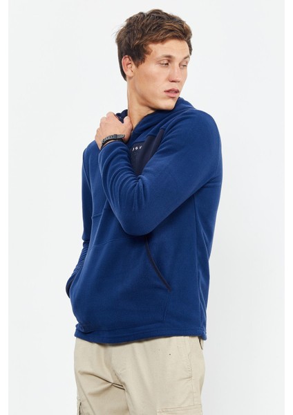 İndigo Nakışlı Yarım Fermuar Kapüşonlu Standart Kalıp Erkek Polar Sweatshirt - 87996