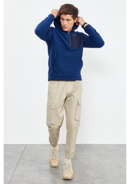 İndigo Nakışlı Yarım Fermuar Kapüşonlu Standart Kalıp Erkek Polar Sweatshirt - 87996 fiyatları