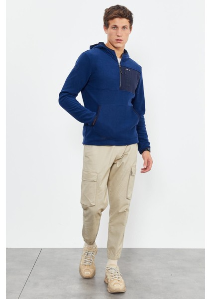 İndigo Nakışlı Yarım Fermuar Kapüşonlu Standart Kalıp Erkek Polar Sweatshirt - 87996 fırsatları