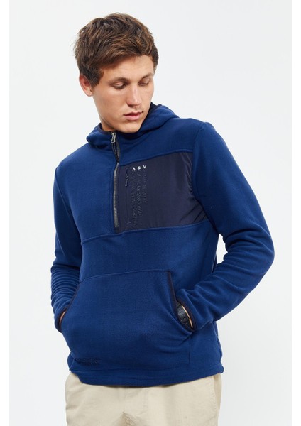 İndigo Nakışlı Yarım Fermuar Kapüşonlu Standart Kalıp Erkek Polar Sweatshirt - 87996 indirimleri