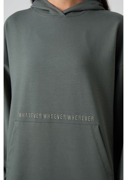 Çağla Balon Kol Yazı Nakışlı Kadın Oversize Tunik Sweatshirt - 97163 modelleri