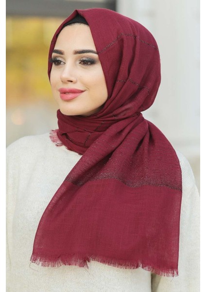 - Pamuklu Simli Çizgili Bordo Şal 7458BR