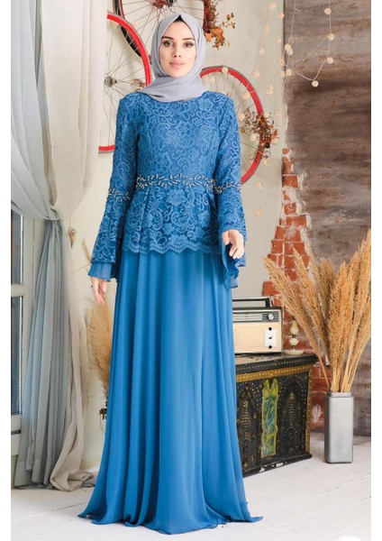 - Dantelli Indigo Mavisi Tesettür Abiye Elbise 20671IM