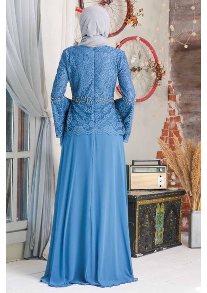 - Dantelli Indigo Mavisi Tesettür Abiye Elbise 20671IM fiyatları