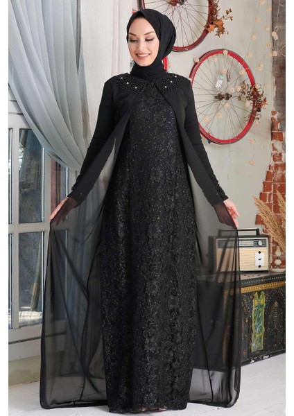 Neva Style - Dantelli Siyah Tesettür Abiye Elbise 20803S