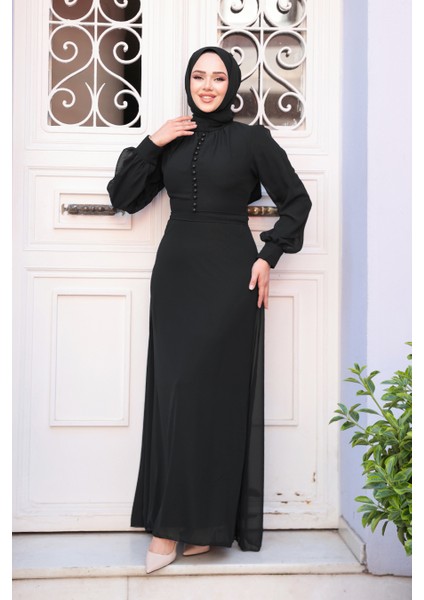 - Düğme Detaylı Siyah Tesettür Elbise 2703S
