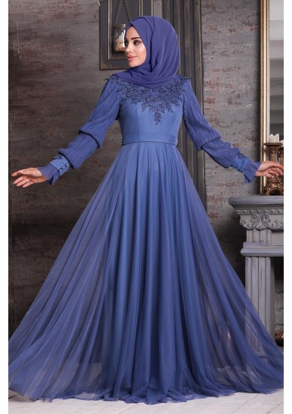 Tesettürlü Abiye Elbise - Üzeri Boncuk Işlemeli Indigo Tesettür Abiye Elbise 21780IM