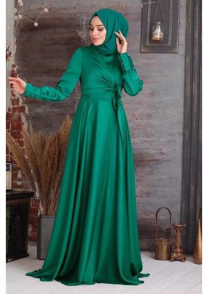Tesettürlü Abiye Elbise - Krep Saten Yeşil Tesettür Abiye Elbise 1420Y