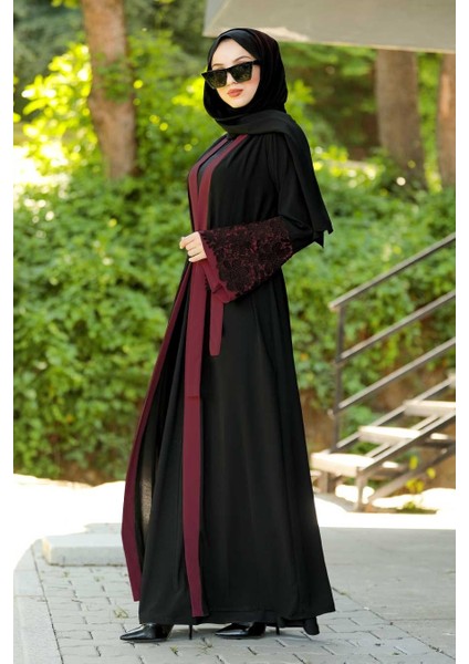 Neva Style - Volan Kollu Bordo Tesettür Abaya 55084BR