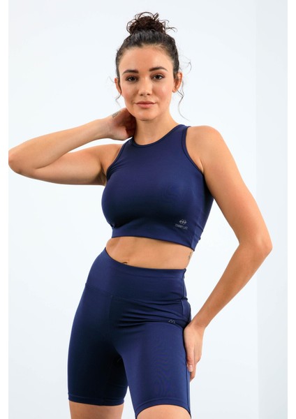 İndigo Yüksek Bel Toparlayıcı Dar Kalıp Crop Biker Kadın Tayt Takım - 95302